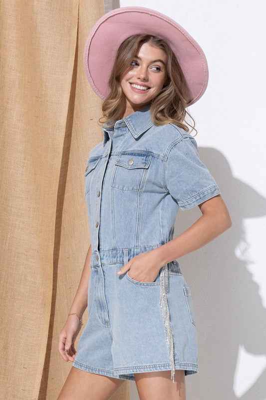Washed Denim Overall Romper - Akana
