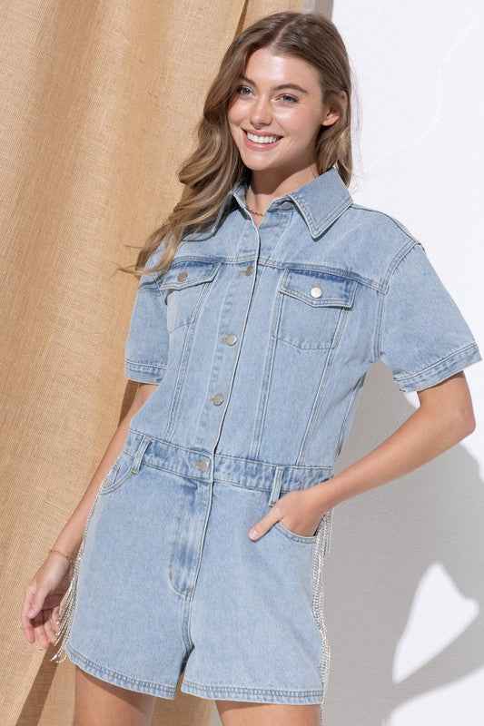 Washed Denim Overall Romper - Akana