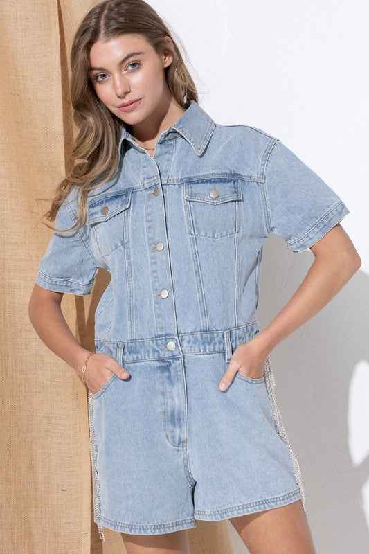 Washed Denim Overall Romper - Akana