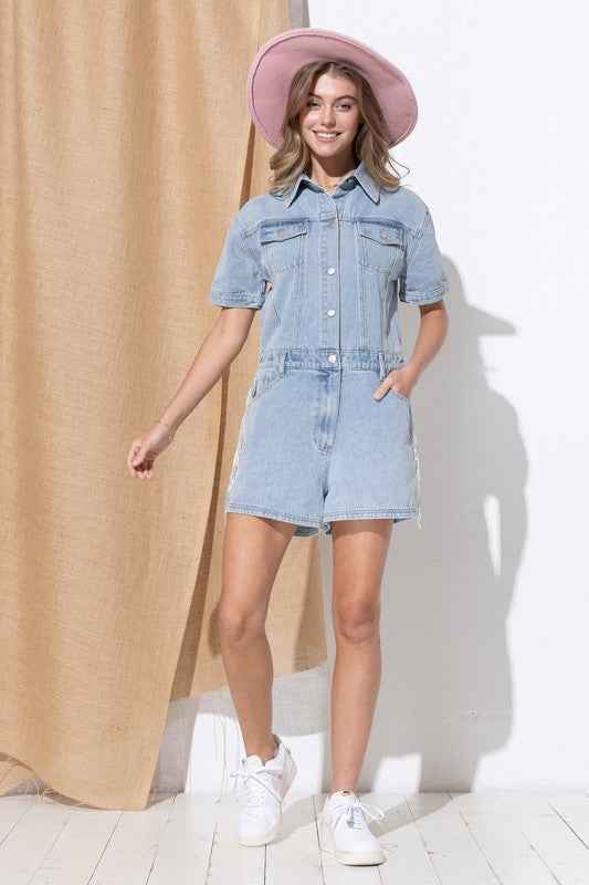 Washed Denim Overall Romper - Akana