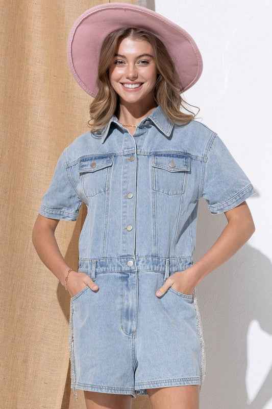 Washed Denim Overall Romper - Akana