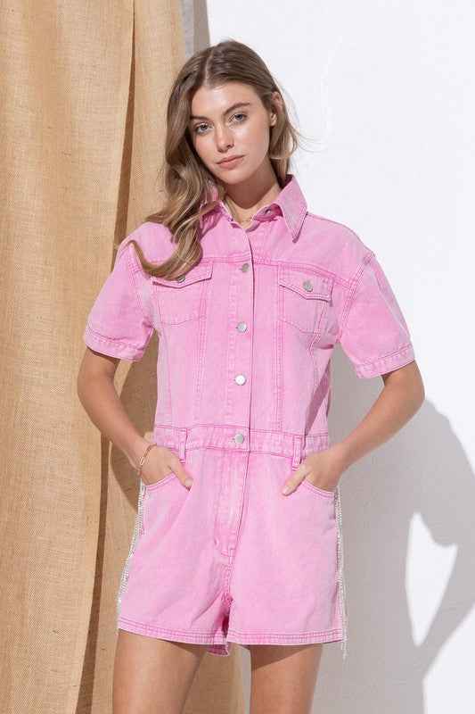 Washed Denim Overall Romper - Akana