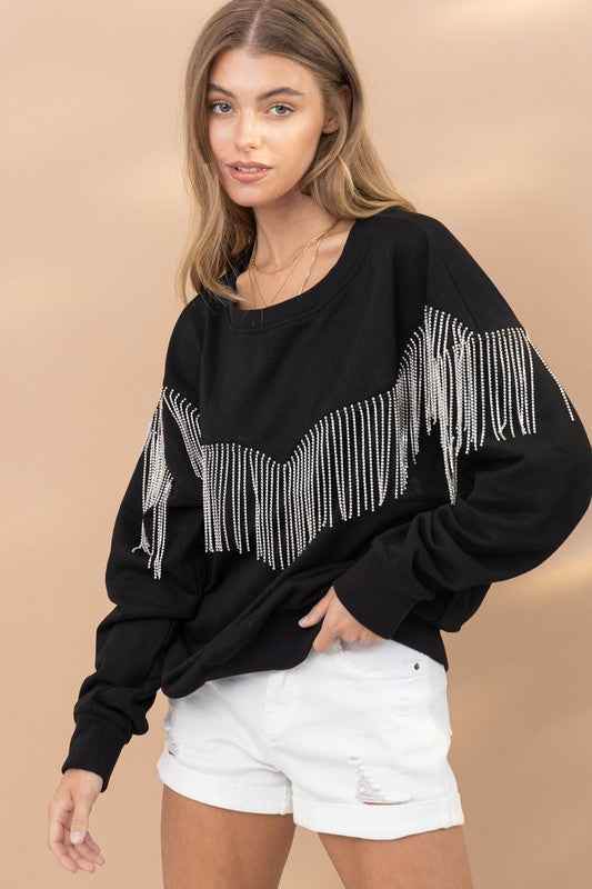 Rhinestone Fringe Top for Stylish Elegance and Comfort - Akana Style