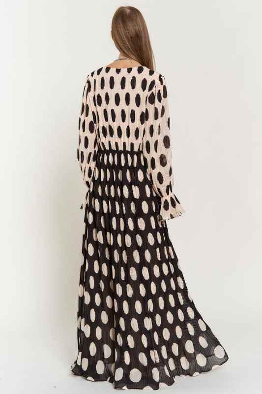 Polka Dot Maxi Dress with Ruffled Long Sleeves and Pleated Design - Akana Style