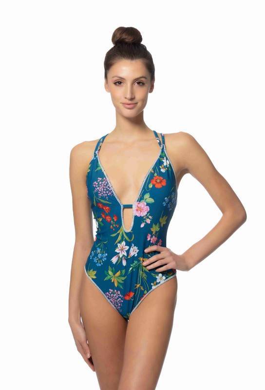 Blue Floral One Piece Swimsuit with Stitching Details for Stylish Summer Looks - Akana Style