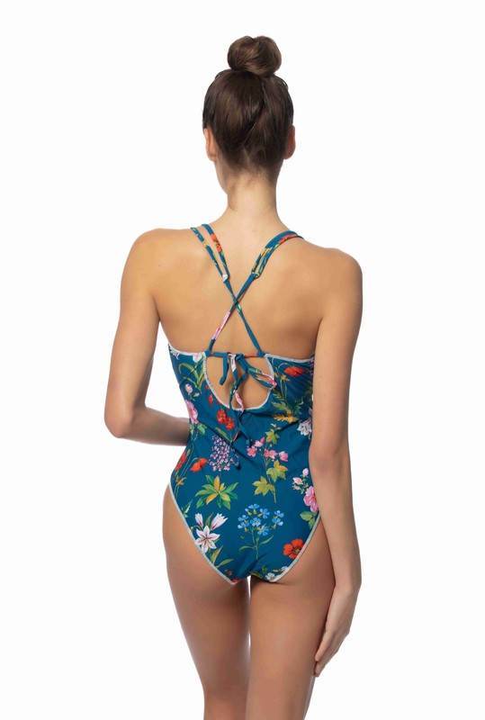 Blue Floral One Piece Swimsuit with Stitching Details for Stylish Summer Looks - Akana Style
