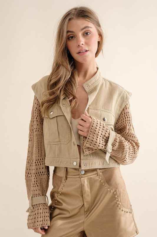 Twill Crop Crochet Jacket for Stylish Layering - Akana Style