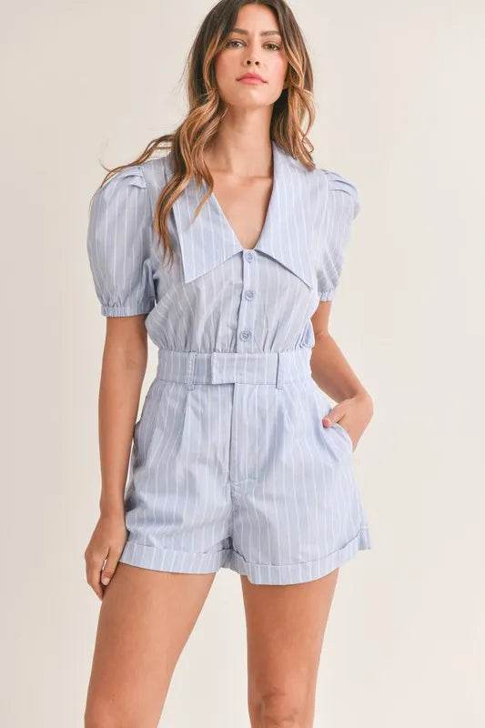 Striped Puff Sleeve Romper with Collared Neck - Akana Style