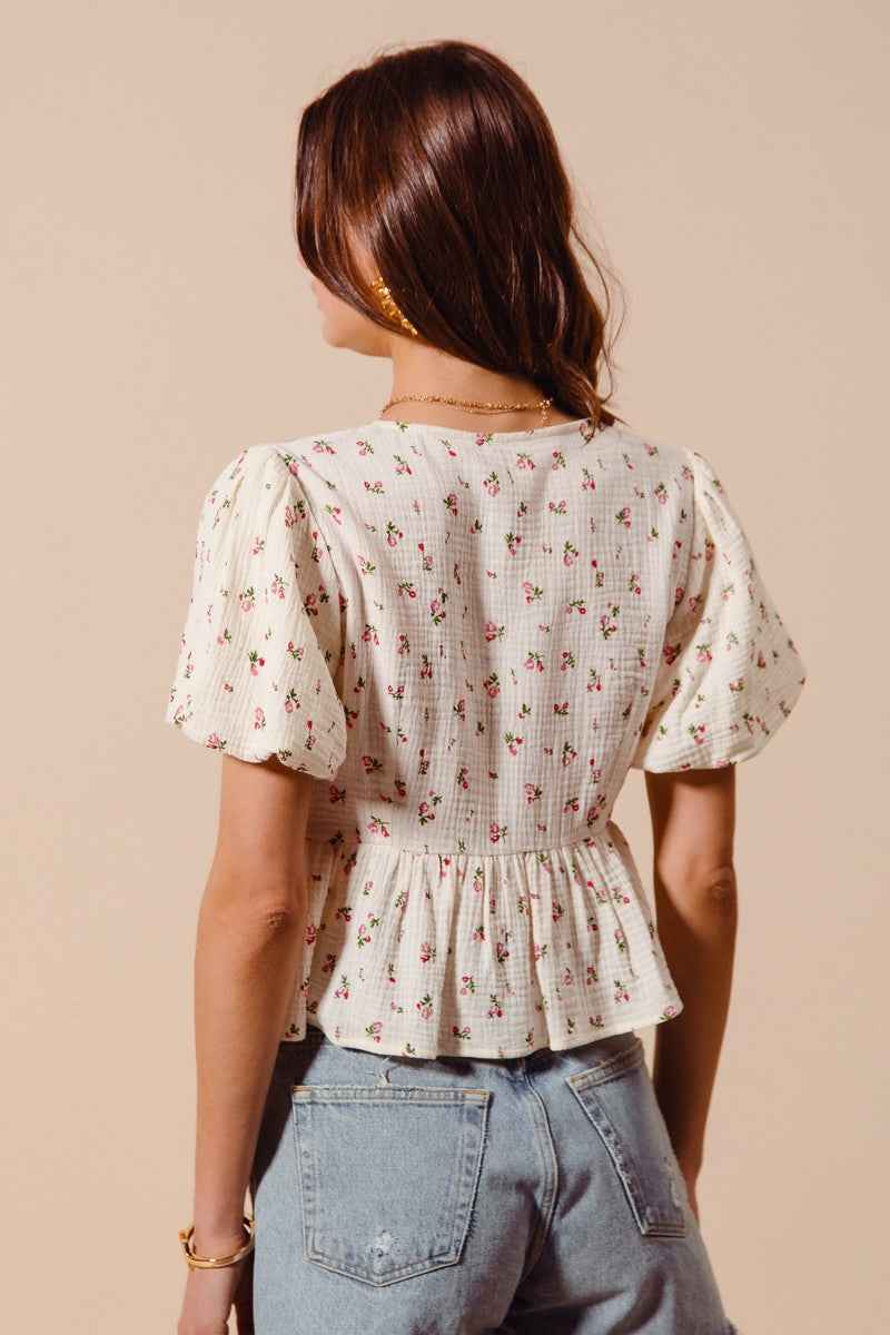 Ditsy Floral Print Gauze Tie-Front Blouse