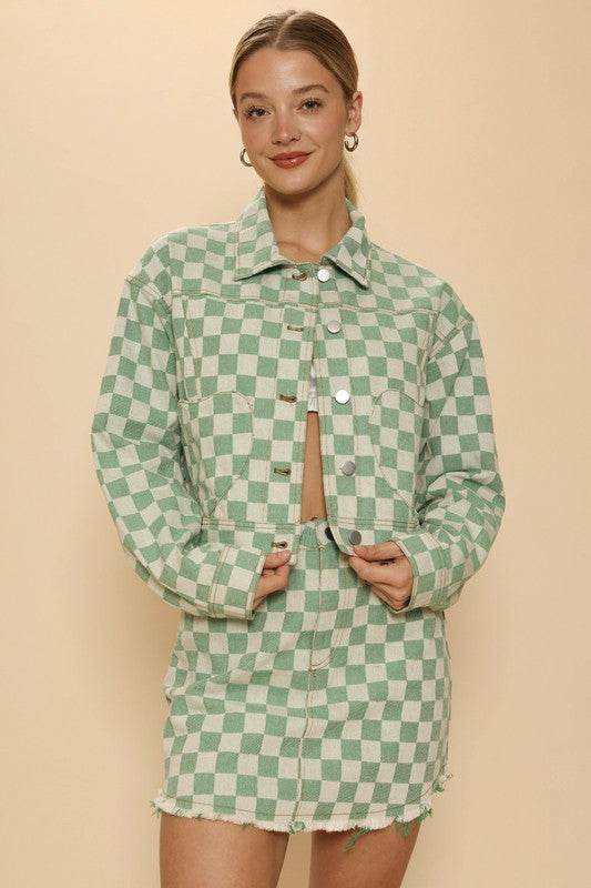 Cropped checkered heart denim jacket - Akana Style