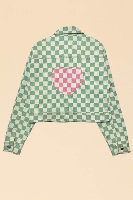 Cropped checkered heart denim jacket - Akana Style