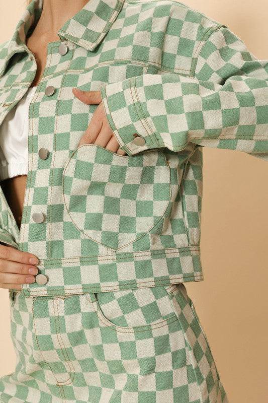 Cropped checkered heart denim jacket - Akana Style