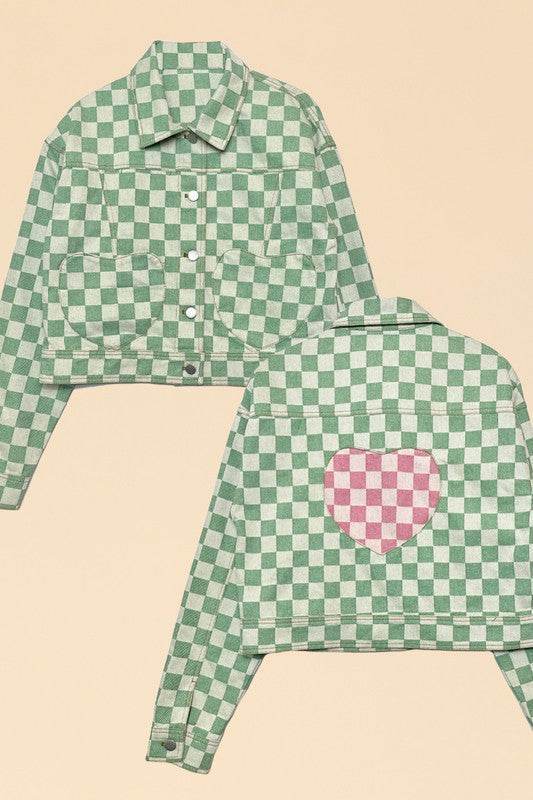 Cropped checkered heart denim jacket - Akana Style