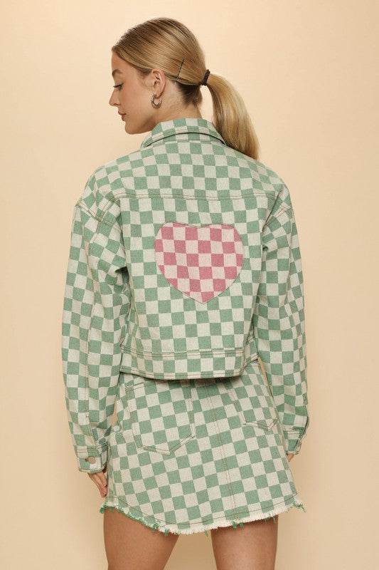 Cropped checkered heart denim jacket - Akana Style