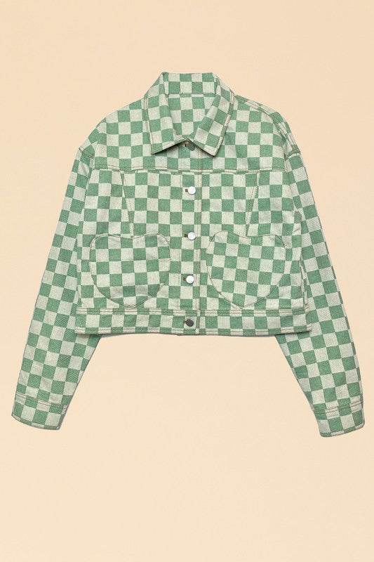 Cropped checkered heart denim jacket - Akana Style