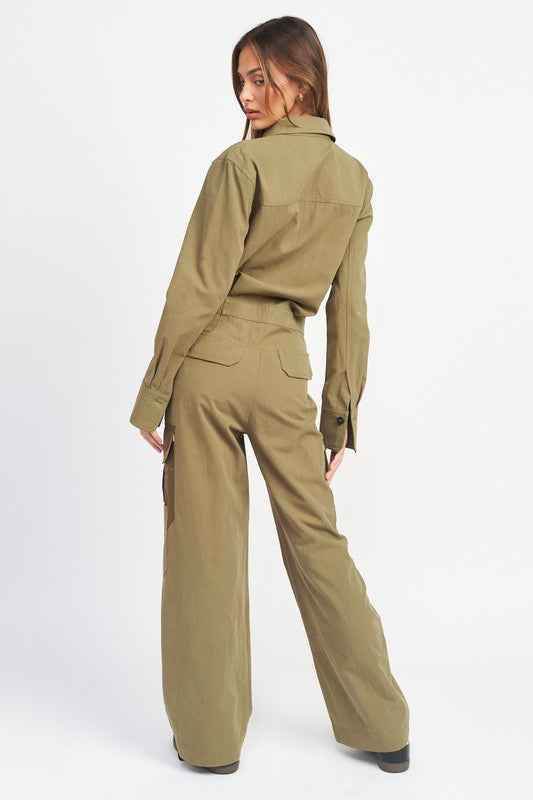 Button Down Cargo Jumpsuit for Stylish Versatility and Comfort - Akana Style