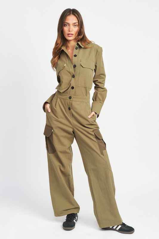 Button Down Cargo Jumpsuit for Stylish Versatility and Comfort - Akana Style