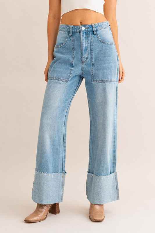 High-Waisted Wide Leg Jeans with Cuffed Detail - Akana Style