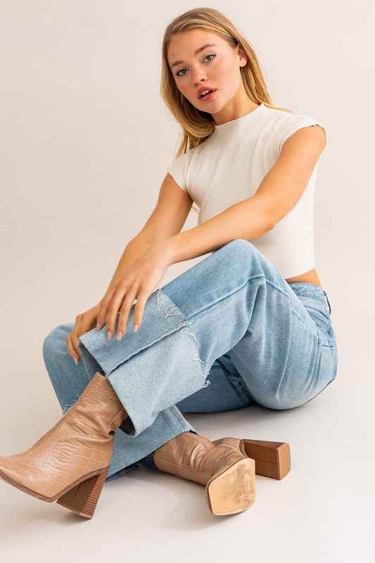 High-Waisted Wide Leg Jeans with Cuffed Detail - Akana Style