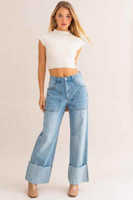 High-Waisted Wide Leg Jeans with Cuffed Detail - Akana Style