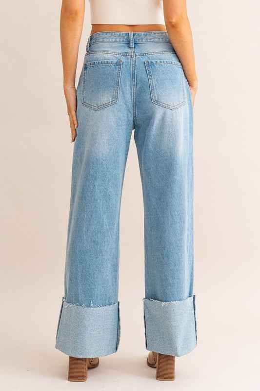 High-Waisted Wide Leg Jeans with Cuffed Detail - Akana Style