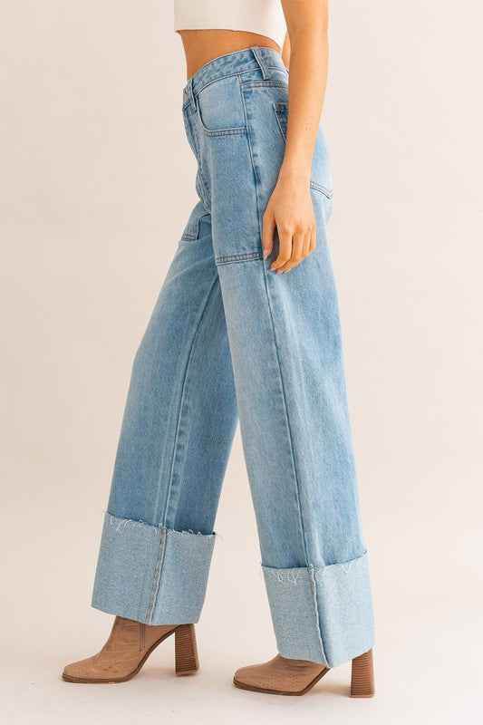 High-Waisted Wide Leg Jeans with Cuffed Detail - Akana Style