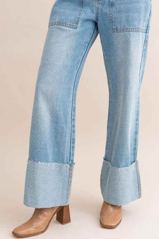High-Waisted Wide Leg Jeans with Cuffed Detail - Akana Style