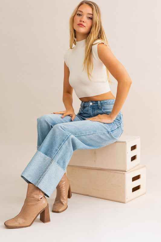 High-Waisted Wide Leg Jeans with Cuffed Detail - Akana Style