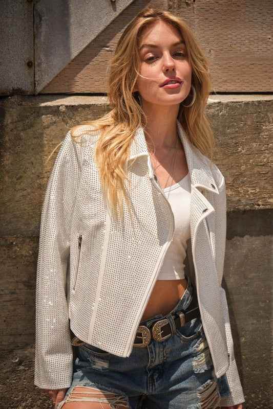 Crystal Studded Moto Jacket - Stretch Zip Up Style - Akana Style