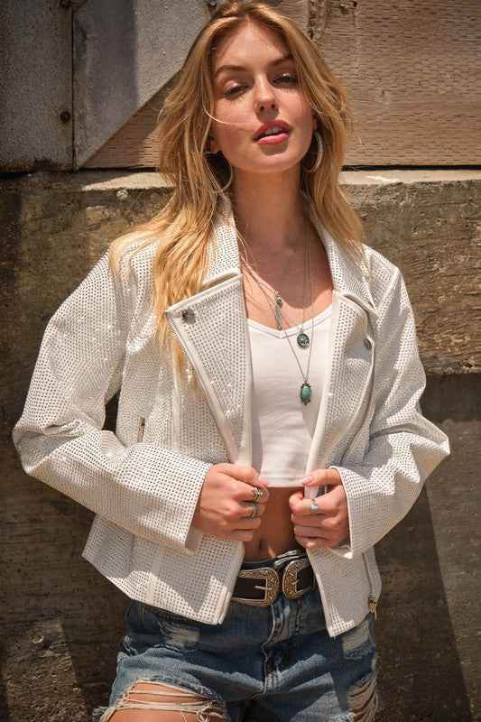 Crystal Studded Moto Jacket - Stretch Zip Up Style - Akana Style