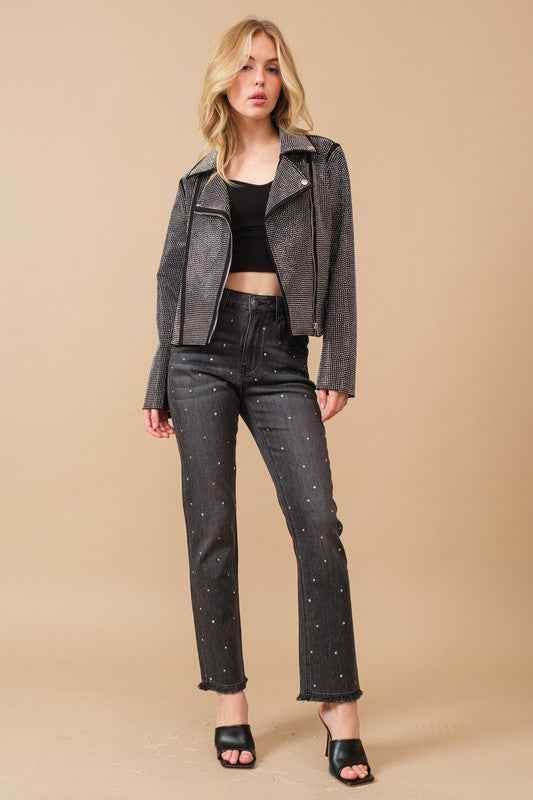 Crystal Studded Moto Jacket - Stretch Zip Up Style - Akana Style
