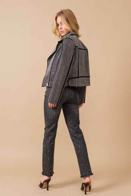 Crystal Studded Moto Jacket - Stretch Zip Up Style - Akana Style
