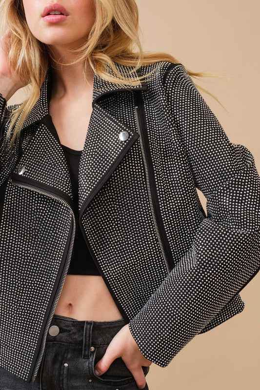 Crystal Studded Moto Jacket - Stretch Zip Up Style - Akana Style