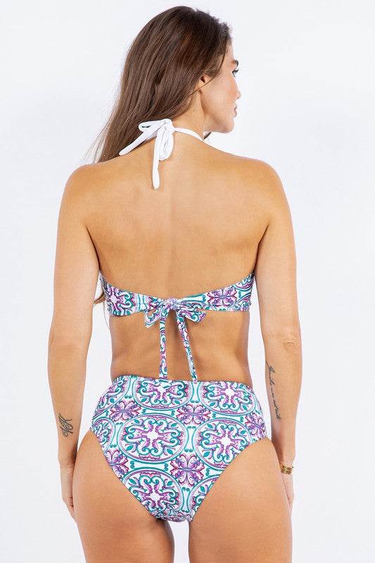 Two Piece Floral Print Criss Cross Halter Bikini for Stylish Summers - Akana Style