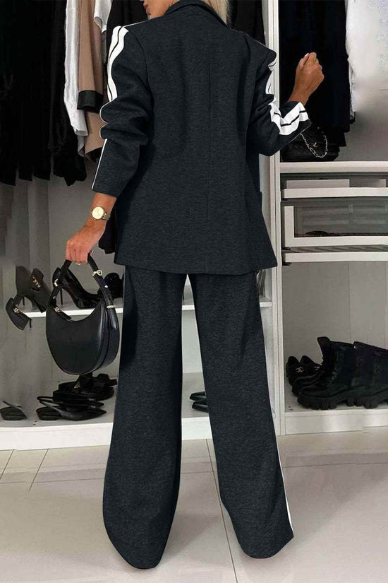 Full Size Contrast Lapel Collar Set - Stylish Top and Pants Outfit - Akana Style