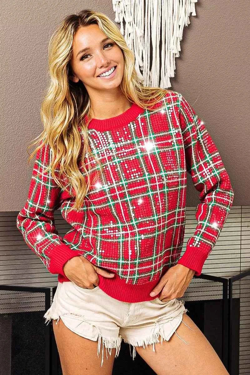 Clear Sequin Plaid Sweater