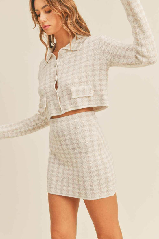 Houndstooth Cardigan and Skirt Set - Cropped Knit Style - Akana Style