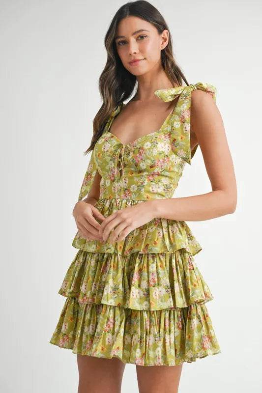 Floral Print Mini Dress with Shoulder Ties and Layered Design - Akana Style