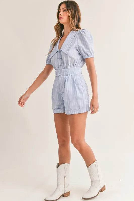 Striped Puff Sleeve Romper with Collared Neck - Akana Style