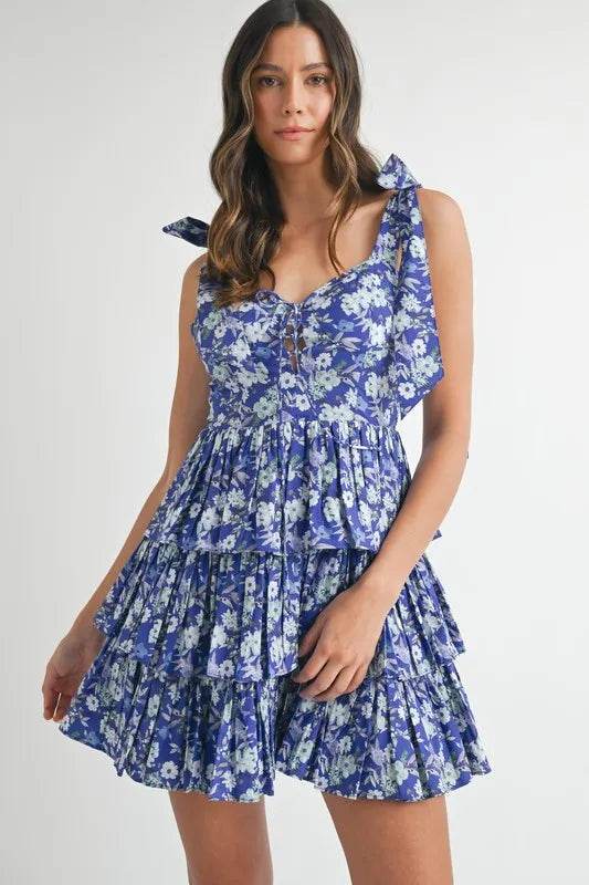 Floral Print Mini Dress with Shoulder Ties and Layered Design - Akana Style