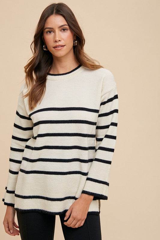 Side Slit Striped Sweater with Round Neck for Effortless Style - Akana Style