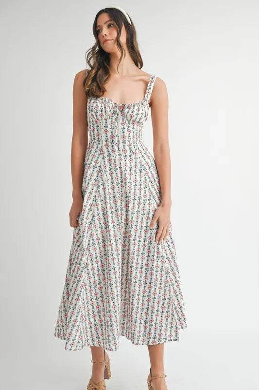 Floral Print Midi Dress with Bustier Back Lace Up Design - Akana Style