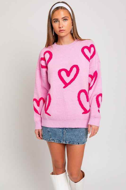 Long Sleeve Round Neck Heart Printed Sweater - Akana Style