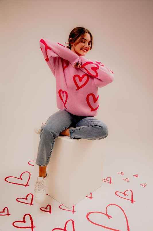 Long Sleeve Round Neck Heart Printed Sweater - Akana Style