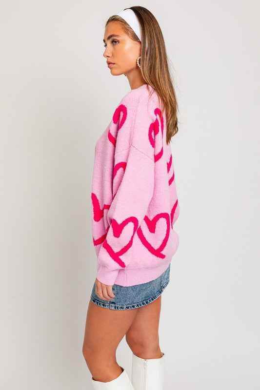 Long Sleeve Round Neck Heart Printed Sweater - Akana Style