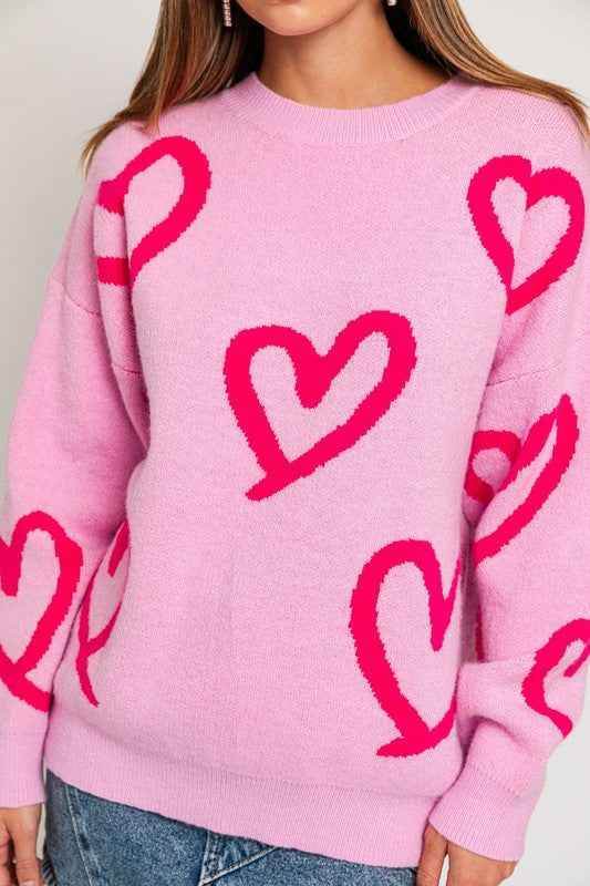 Long Sleeve Round Neck Heart Printed Sweater - Akana Style