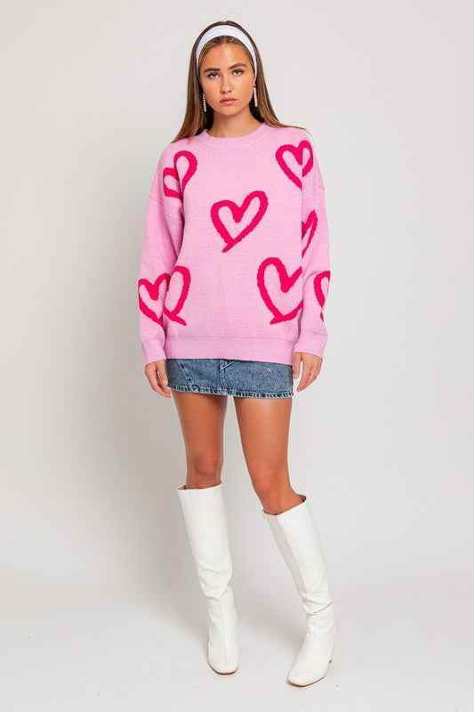 Long Sleeve Round Neck Heart Printed Sweater - Akana Style