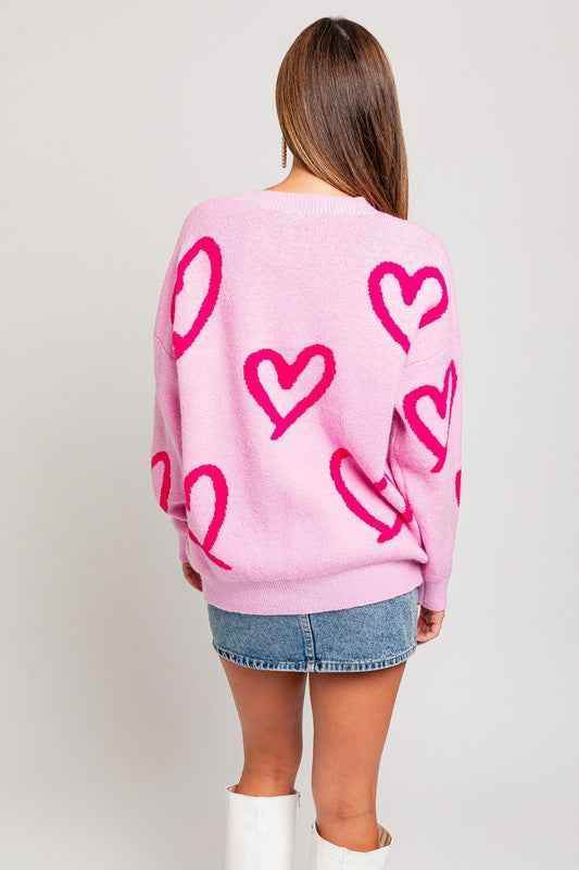 Long Sleeve Round Neck Heart Printed Sweater - Akana Style