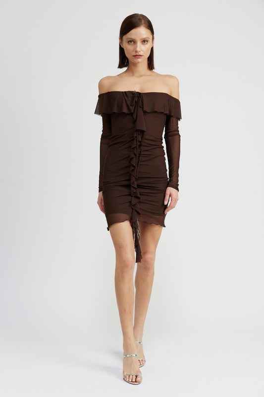 OFF SHOULDER MINI DRESS WITH RUFFLE DETAIL - Akana Style