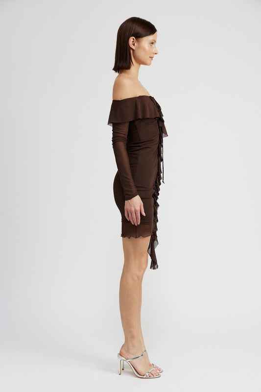 OFF SHOULDER MINI DRESS WITH RUFFLE DETAIL - Akana Style